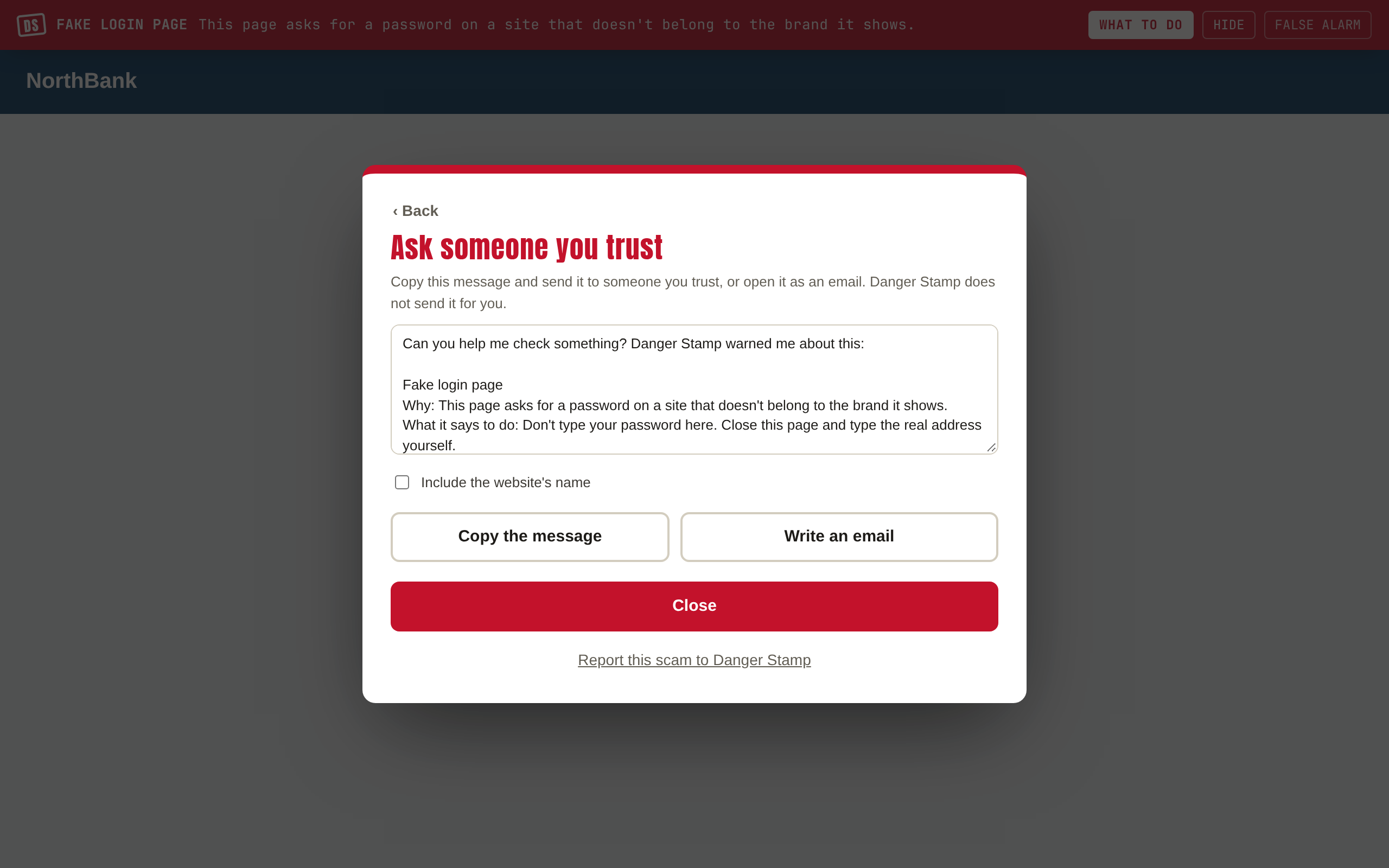 The Ask someone you trust view: a ready-written message in a box, an unticked Include the website's name box, and Copy the message and Write an email buttons