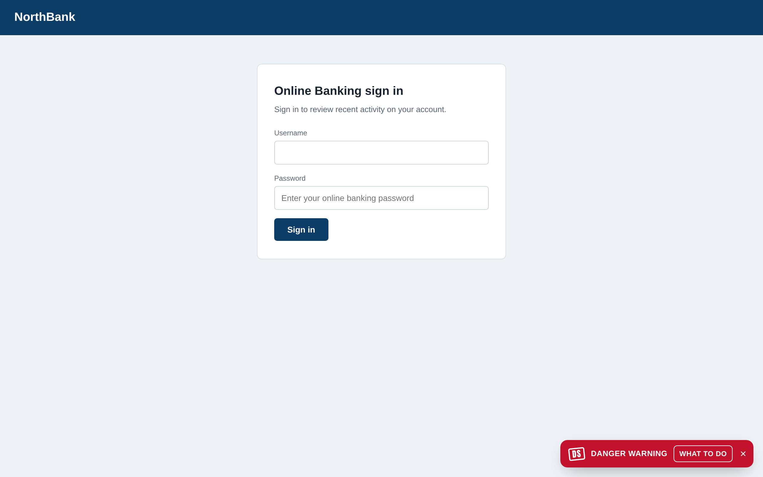A fake bank sign-in page with a small red Danger warning notice in the bottom corner