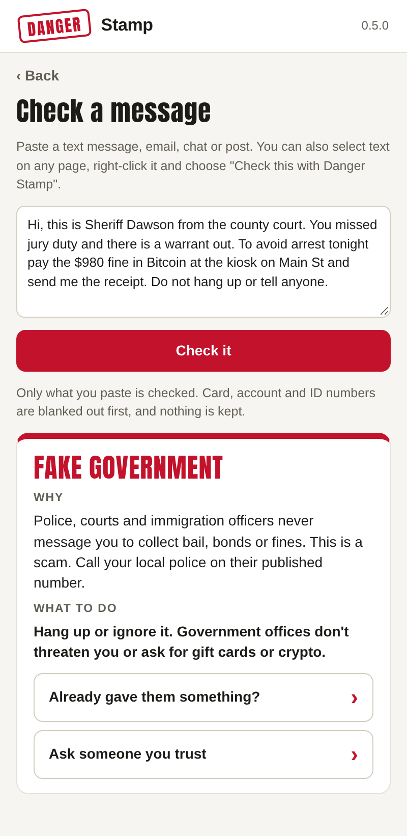 The Check a message view with a pasted fake sheriff text about a missed jury duty fine in Bitcoin, and the answer below: FAKE GOVERNMENT, why, and what to do