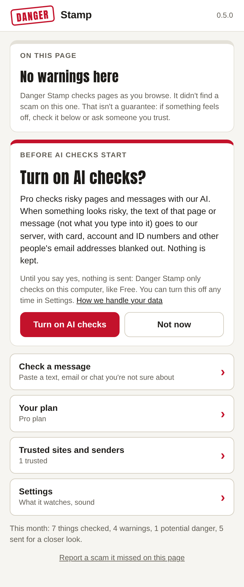 The popup's Turn on AI checks? card, explaining what is sent and blanked out, with Turn on AI checks and Not now buttons