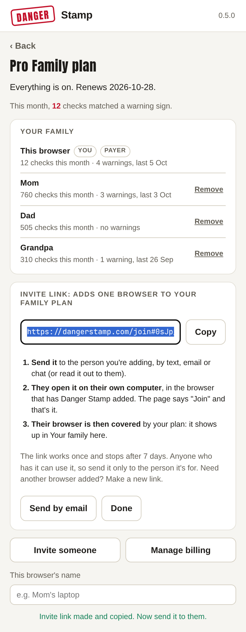 The Pro Family plan view with the family list and an invite link card: the link, a Copy button, three steps, and Send by email and Done buttons