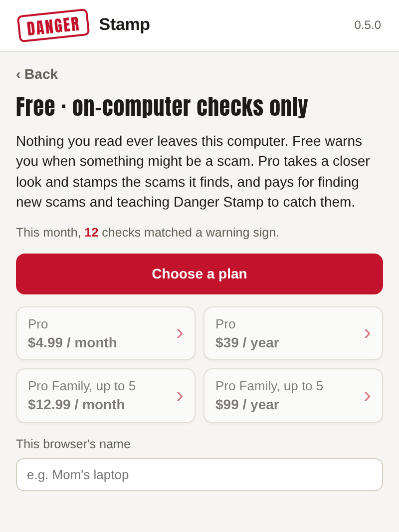 The Your plan view on Free: Free, on-computer checks only, a Choose a plan button and the four Pro and Pro Family prices