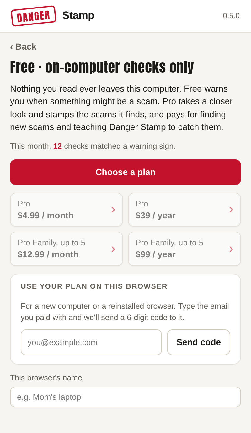 The Your plan view with the Use your plan on this browser card: an email box and a Send code button