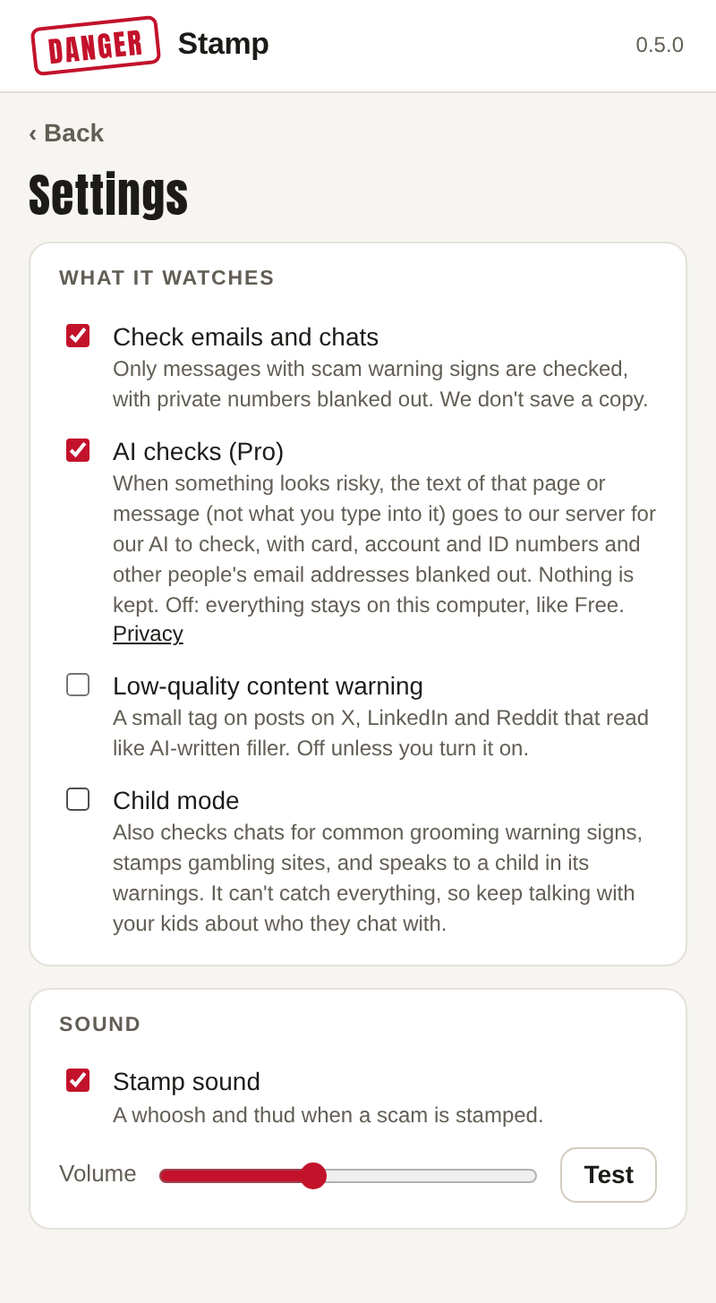 The Settings view: Check emails and chats on, AI checks (Pro) on, Low-quality content warning off, Child mode off, Stamp sound on with a volume slider
