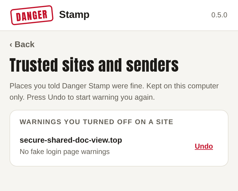 The Trusted sites and senders view listing one site with No fake login page warnings and an Undo link