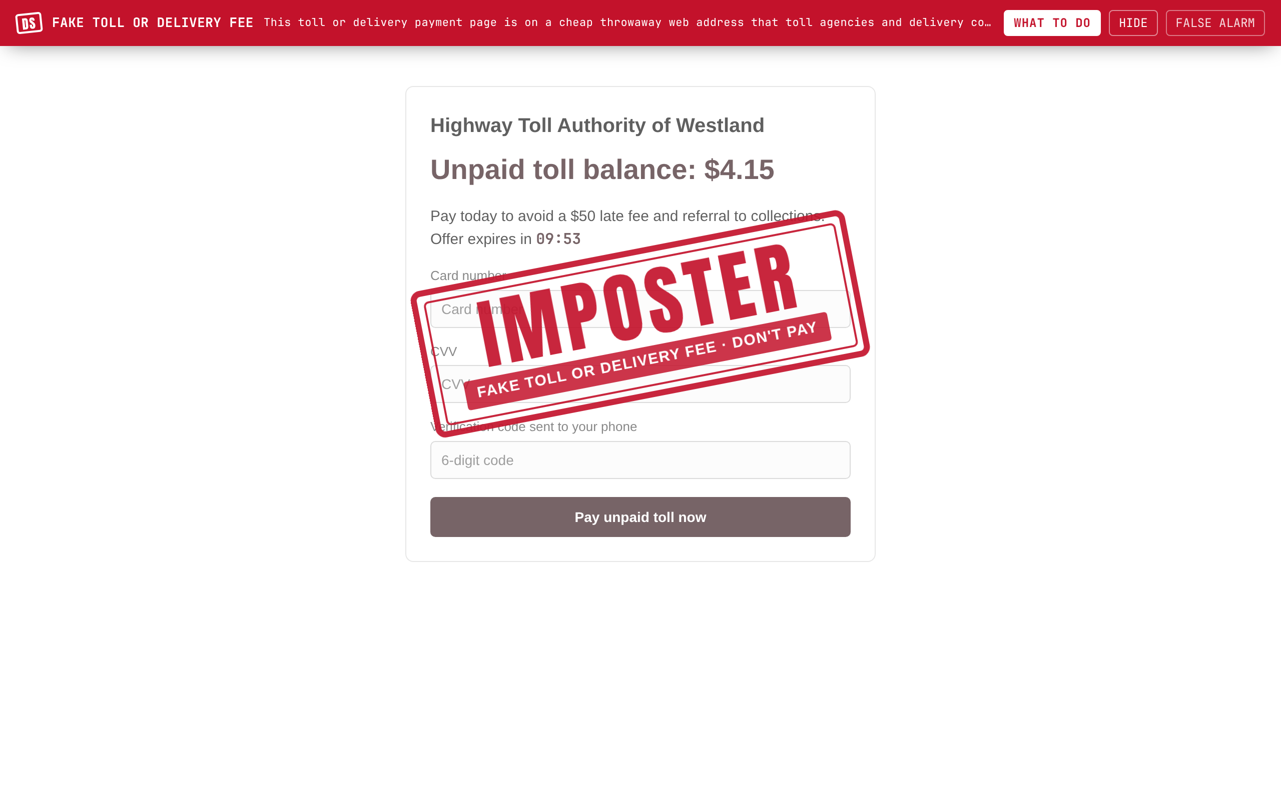 A fake unpaid-toll payment page with a red IMPOSTER stamp reading Fake toll or delivery fee, don't pay, across the card number boxes, and the red bar at the top